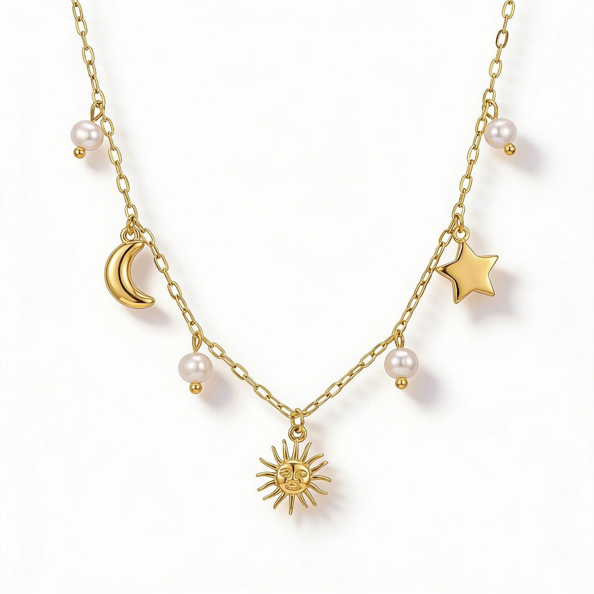 collar sol luna y estrella con perlas en acero